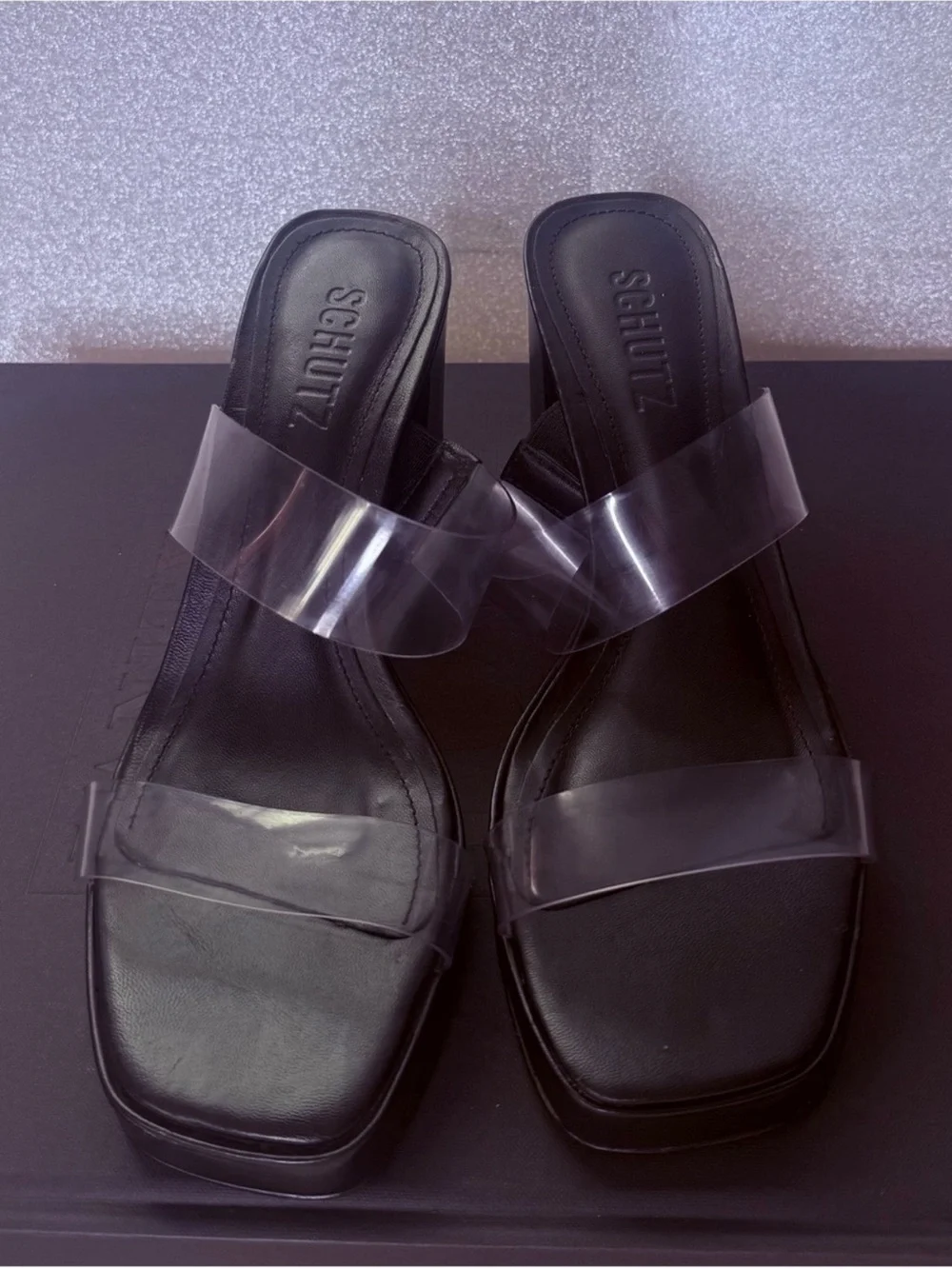 SCHUTZ Black Platform Mules with Clear Straps